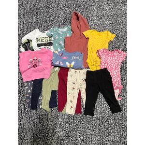 12 month lot of pants and tops. 13 items. Carters, Bebe, Garanimals. GUC.